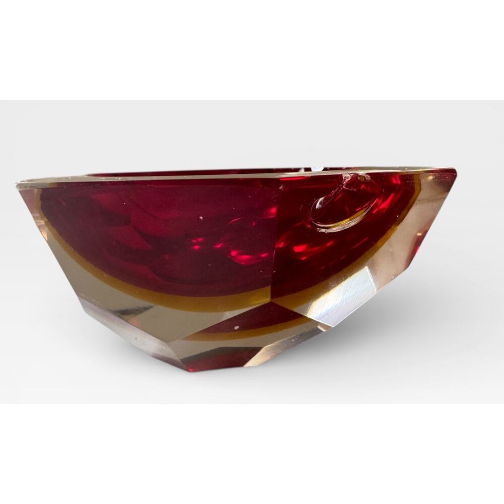 Vintage Faceted Art Glass Bowl Red Ruby Geometric Mid Century Modern Damaged